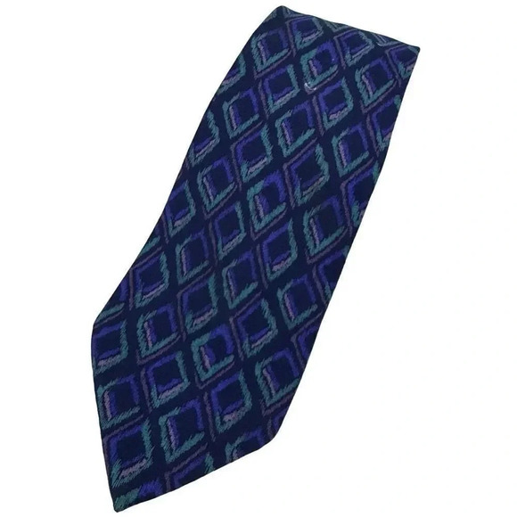 Vintage Valentino Cravatte 100% Silk Handmade Geometric Blue Neck Tie Italy - Picture 1 of 15